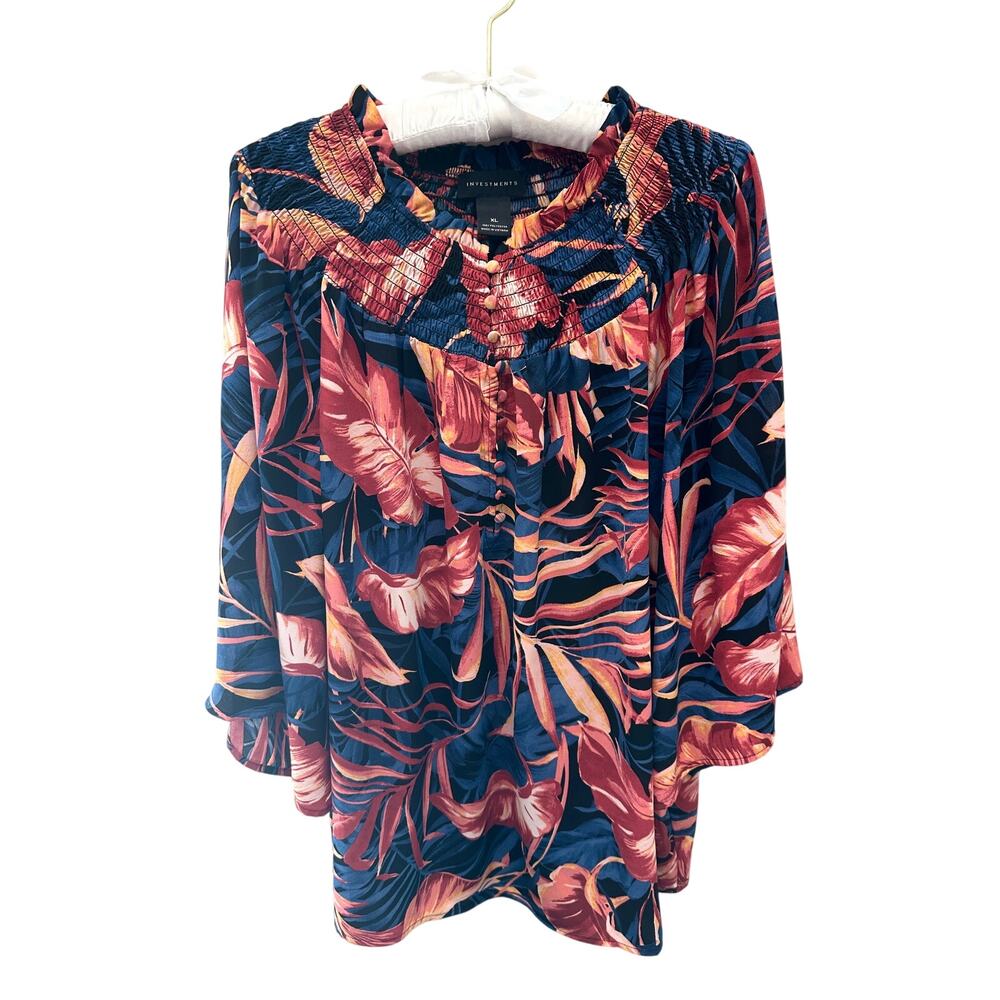 INVESTMENTS | Silky Hawaiian Floral Blouse Top | XL